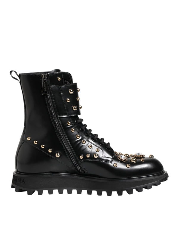 Black Studded Lace Up Mid Calf Boots Shoes Dolce & Gabbana