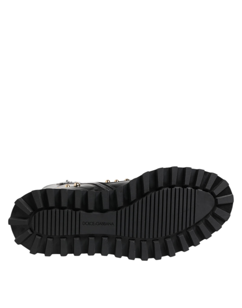Black Studded Lace Up Mid Calf Boots Shoes Dolce & Gabbana