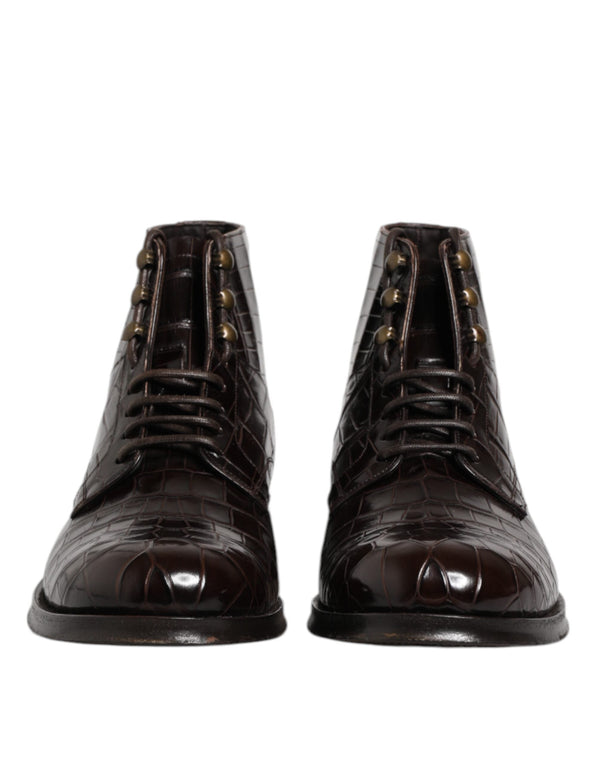 Dark Brown Leather Lace Up Short Boots Shoes Dolce & Gabbana