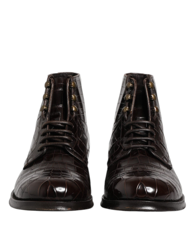 Dark Brown Leather Lace Up Short Boots Shoes Dolce & Gabbana