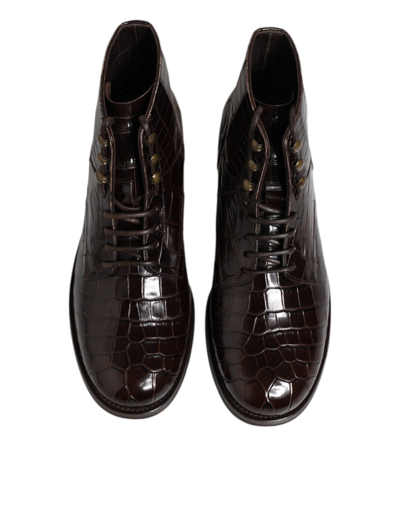 Dark Brown Leather Lace Up Short Boots Shoes Dolce & Gabbana