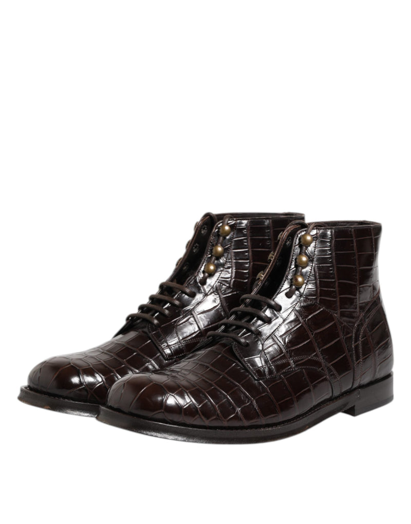 Dark Brown Leather Lace Up Short Boots Shoes Dolce & Gabbana