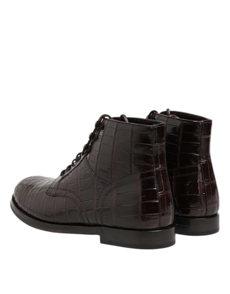 Dark Brown Leather Lace Up Short Boots Shoes Dolce & Gabbana