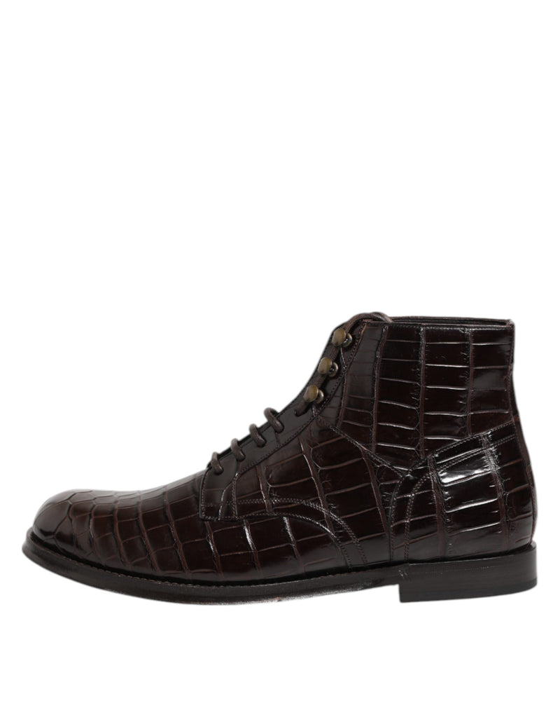 Dark Brown Leather Lace Up Short Boots Shoes Dolce & Gabbana