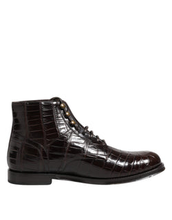 Dark Brown Leather Lace Up Short Boots Shoes Dolce & Gabbana