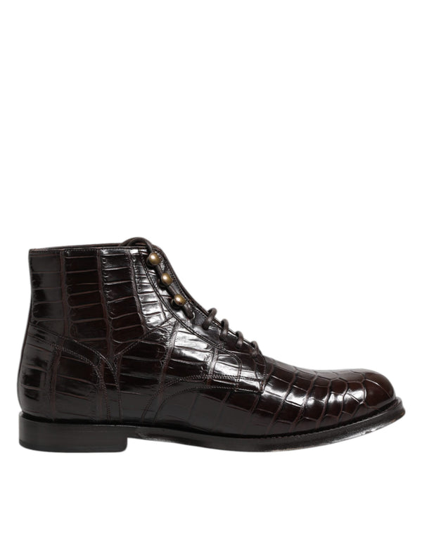 Dark Brown Leather Lace Up Short Boots Shoes Dolce & Gabbana