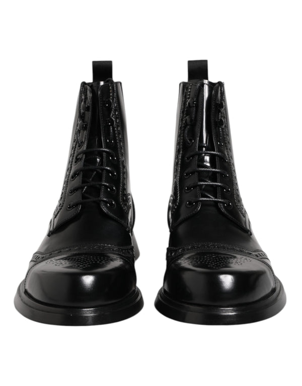 Black Leather Lace Up Mid Calf Boots Shoes Dolce & Gabbana