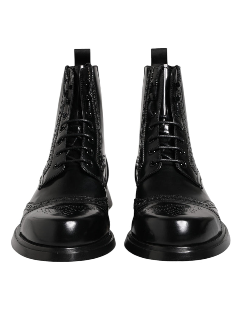 Black Leather Lace Up Mid Calf Boots Shoes Dolce & Gabbana