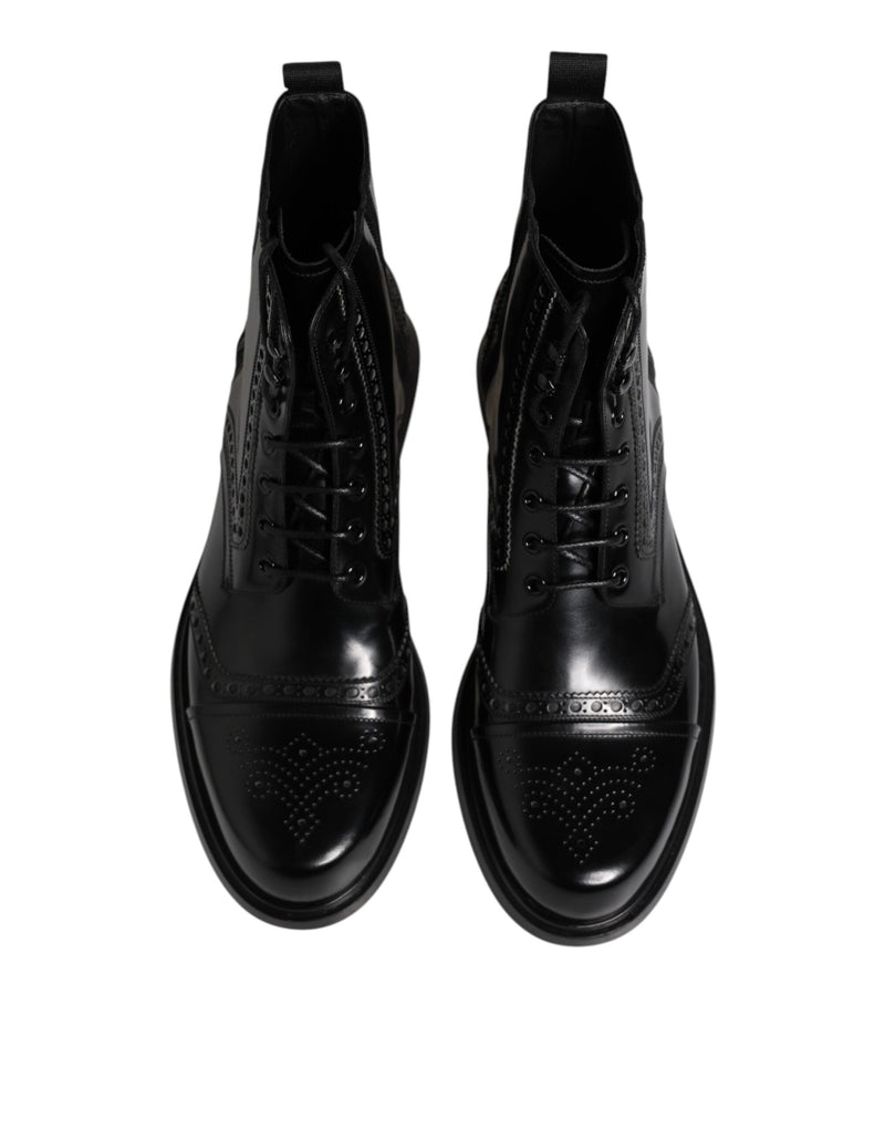 Black Leather Lace Up Mid Calf Boots Shoes Dolce & Gabbana