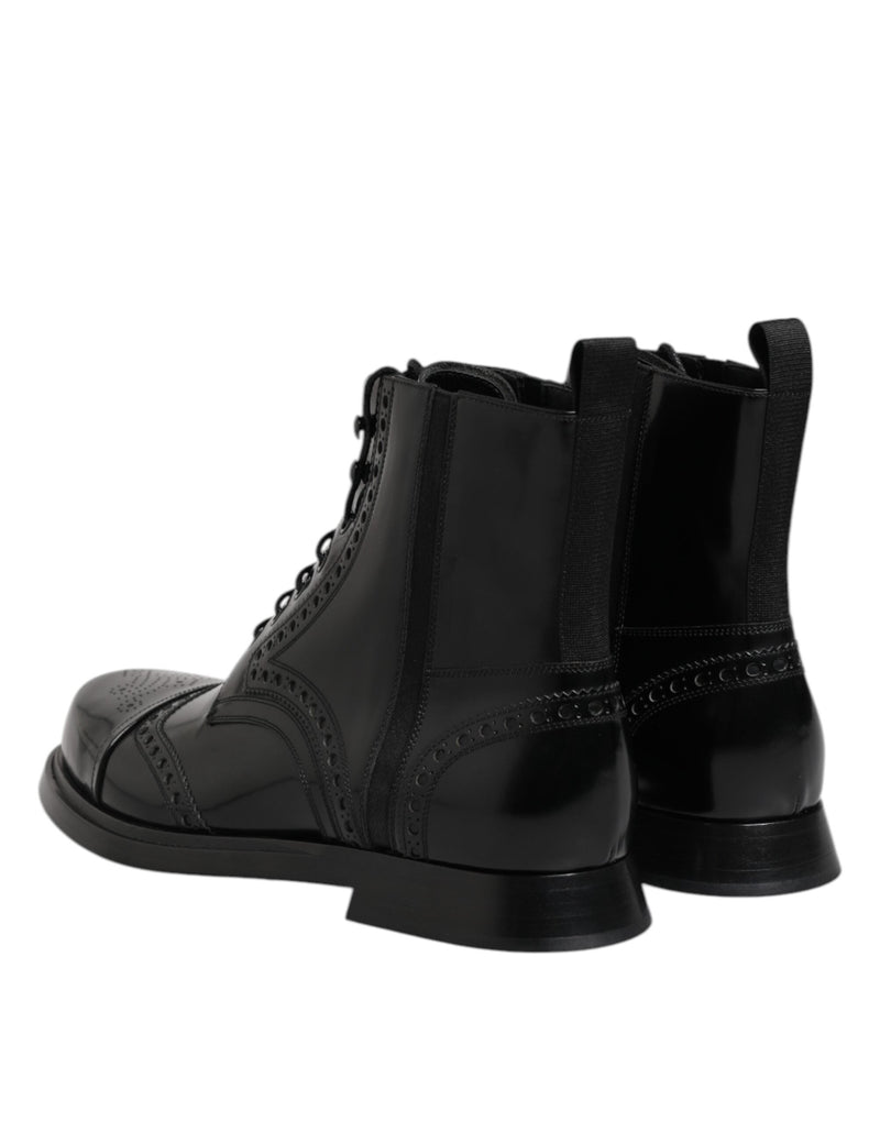 Black Leather Lace Up Mid Calf Boots Shoes Dolce & Gabbana