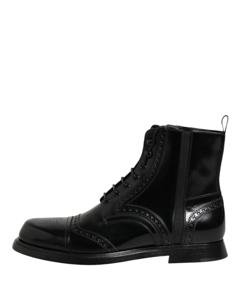 Black Leather Lace Up Mid Calf Boots Shoes Dolce & Gabbana