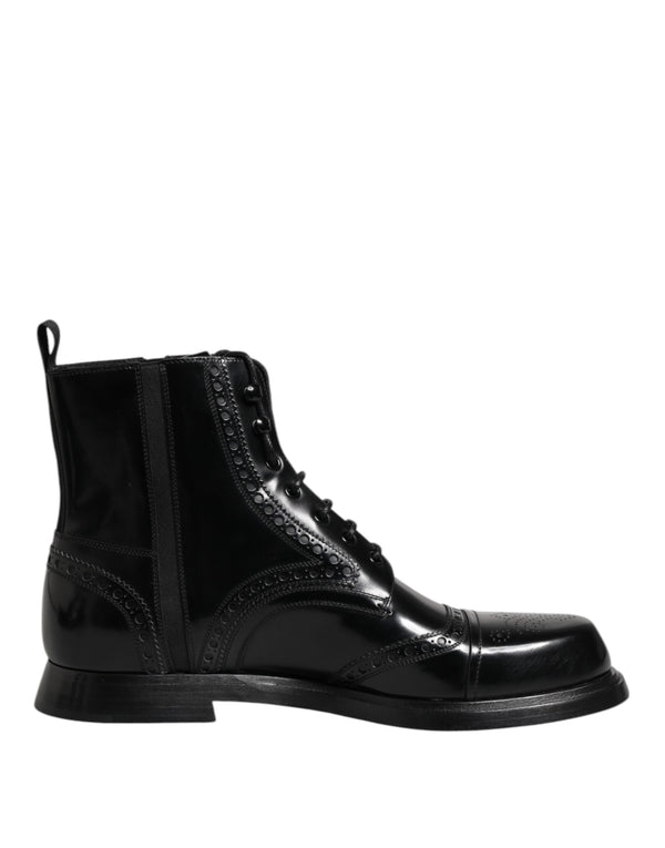 Black Leather Lace Up Mid Calf Boots Shoes Dolce & Gabbana