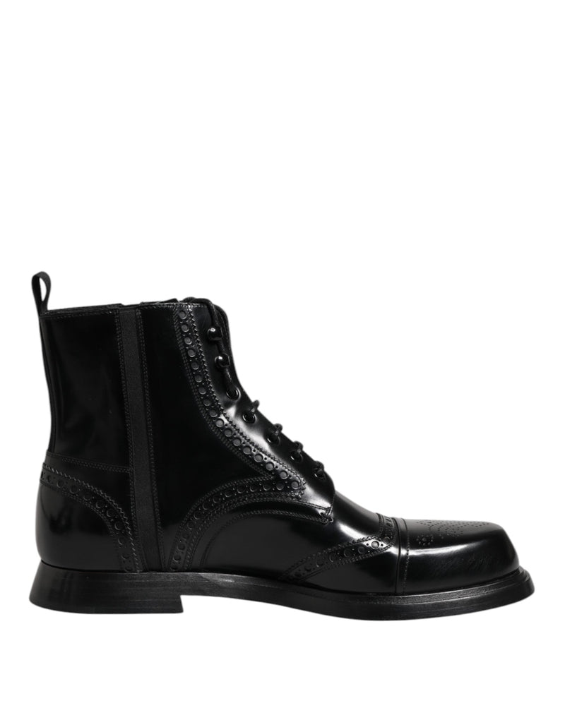 Black Leather Lace Up Mid Calf Boots Shoes Dolce & Gabbana