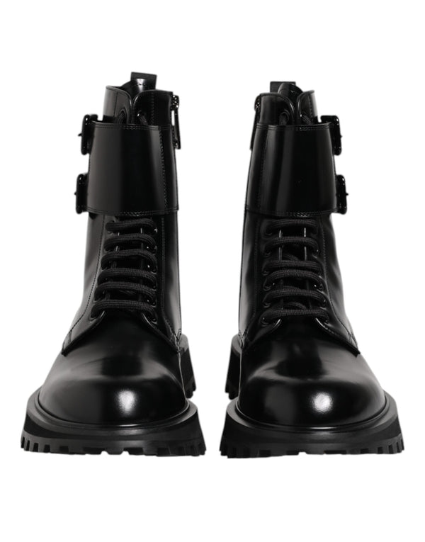 Black Leather Lace Up Mid Calf Boots Shoes Dolce & Gabbana