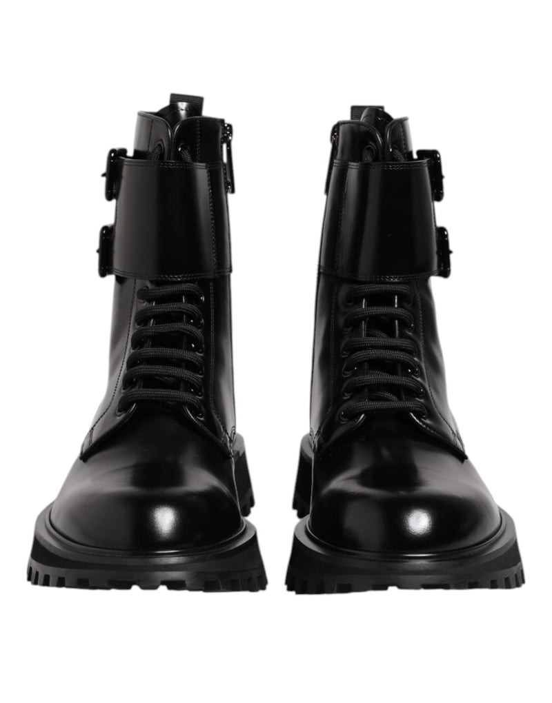 Black Leather Lace Up Mid Calf Boots Shoes Dolce & Gabbana