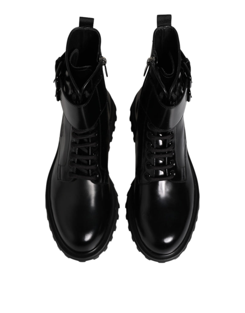 Black Leather Lace Up Mid Calf Boots Shoes Dolce & Gabbana