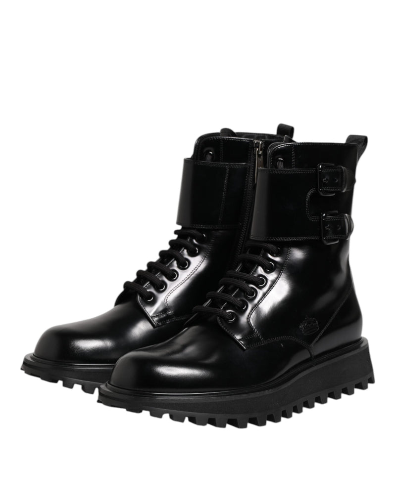 Black Leather Lace Up Mid Calf Boots Shoes Dolce & Gabbana