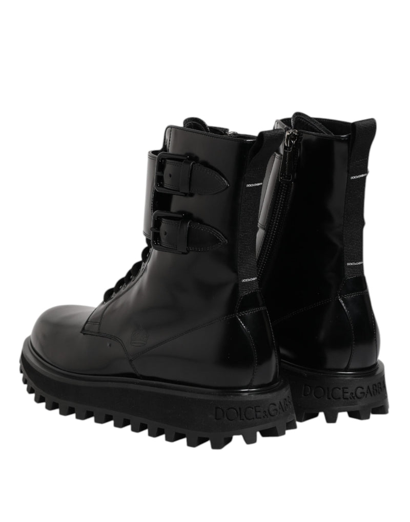 Black Leather Lace Up Mid Calf Boots Shoes Dolce & Gabbana