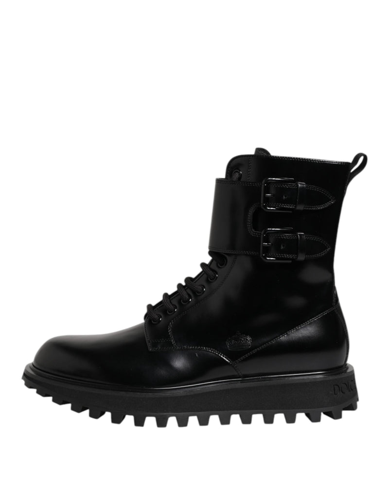 Black Leather Lace Up Mid Calf Boots Shoes Dolce & Gabbana