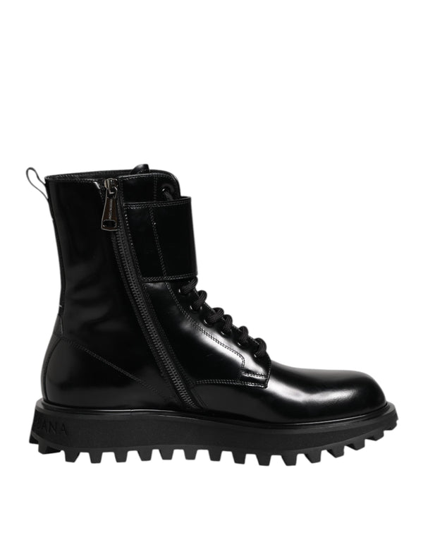 Black Leather Lace Up Mid Calf Boots Shoes Dolce & Gabbana