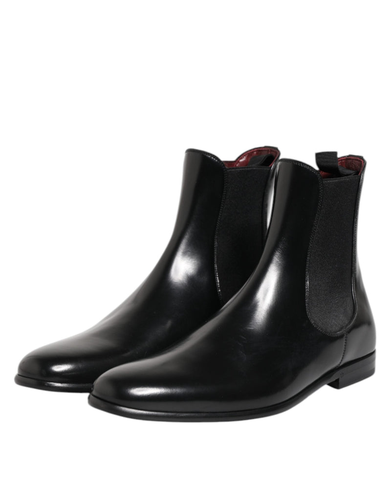 Black Leather Slip On Mid Calf Boots Shoes Dolce & Gabbana