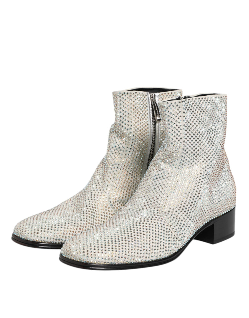 White Strass DG Logo Heels Ankle Boots Shoes Dolce & Gabbana