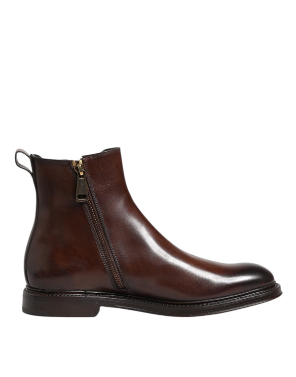 Brown Chelsea Leather Mid Calf Boots Shoes Dolce & Gabbana