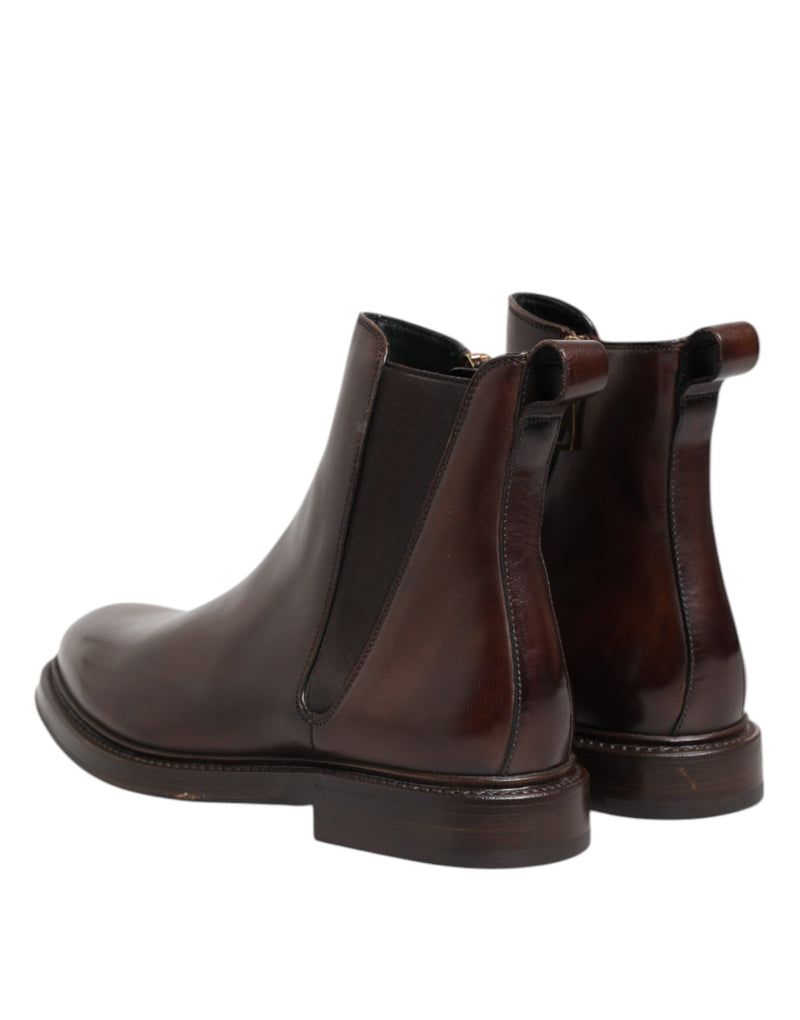 Brown Chelsea Leather Mid Calf Boots Shoes Dolce & Gabbana