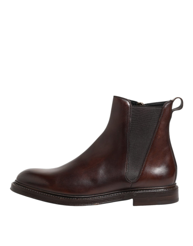Brown Chelsea Leather Mid Calf Boots Shoes Dolce & Gabbana