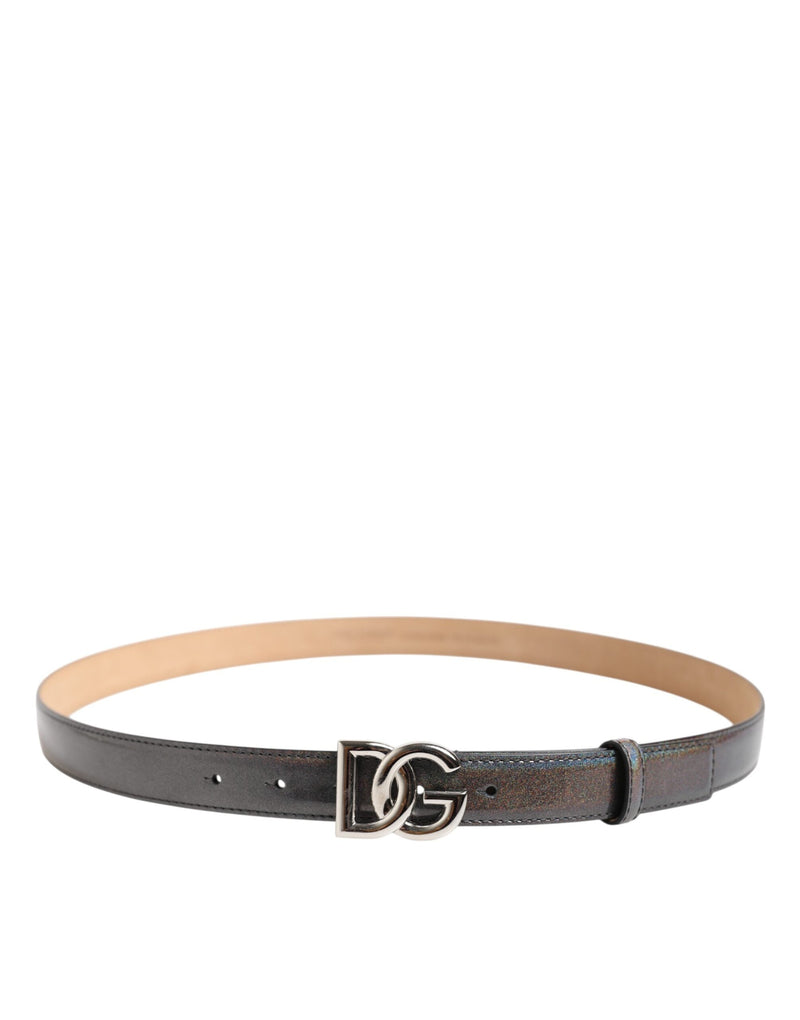 Metallic Leather Silver Tone Logo Buckle Belt Dolce & Gabbana