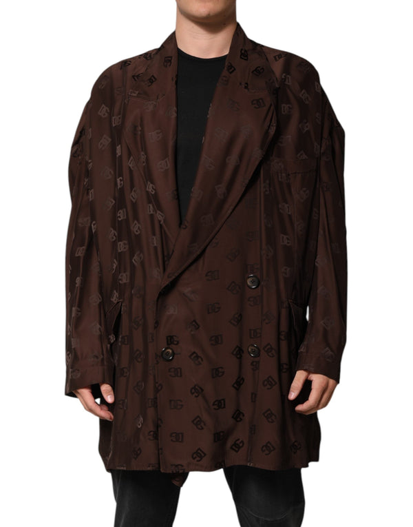 Brown Polyester Logo Monogram Coat Jacket Dolce & Gabbana