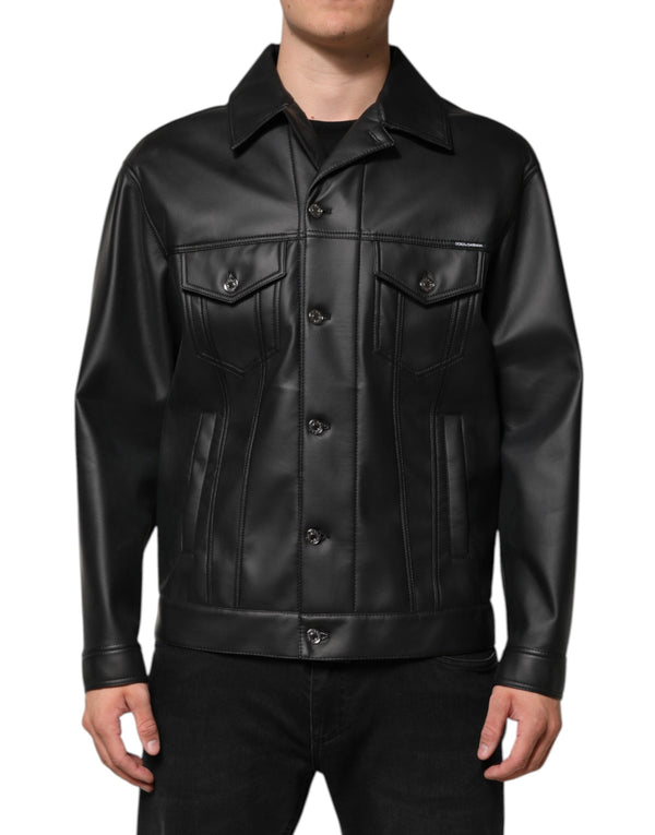 Black Polyester Button Down Biker Jacket Dolce & Gabbana