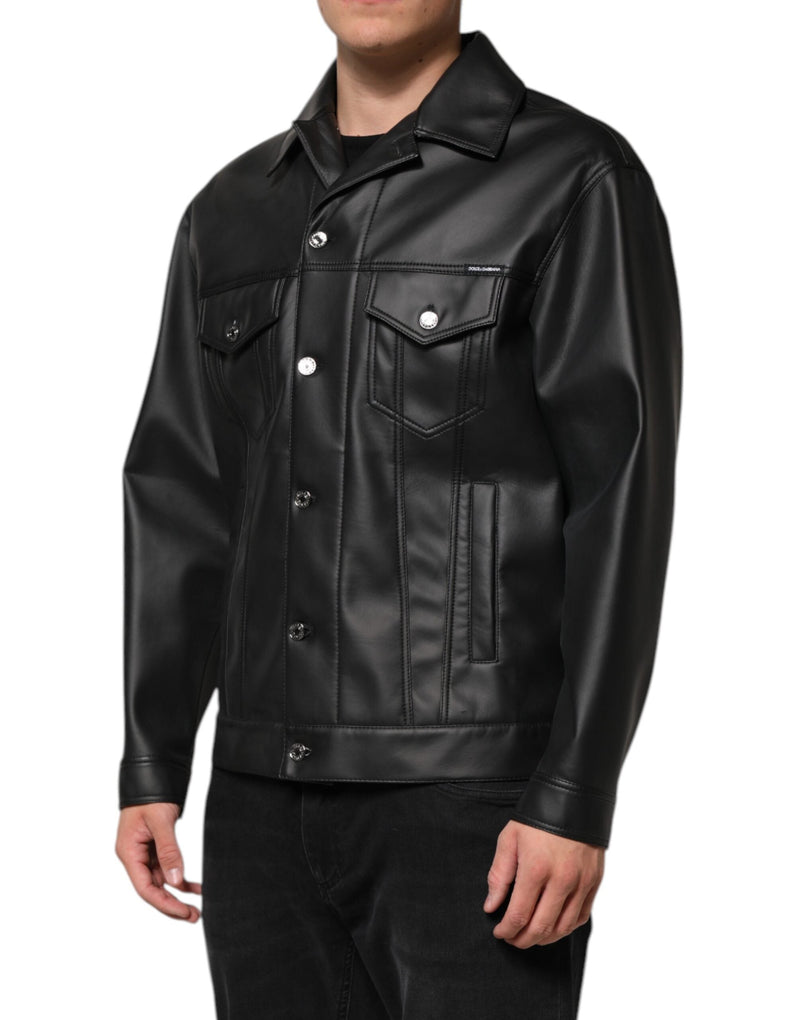 Black Polyester Button Down Biker Jacket Dolce & Gabbana