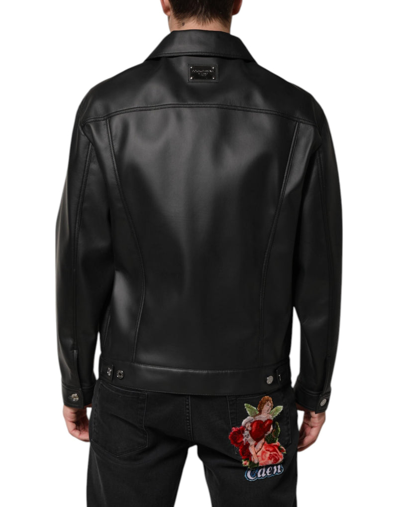 Black Polyester Button Down Biker Jacket Dolce & Gabbana