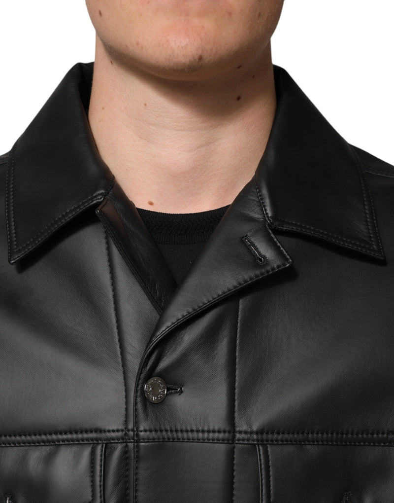 Black Polyester Button Down Biker Jacket Dolce & Gabbana
