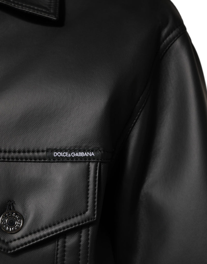 Black Polyester Button Down Biker Jacket Dolce & Gabbana