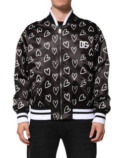 Black Polyester Heart Print Bomber Jacket Dolce & Gabbana