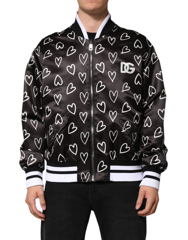 Black Polyester Heart Print Bomber Jacket Dolce & Gabbana