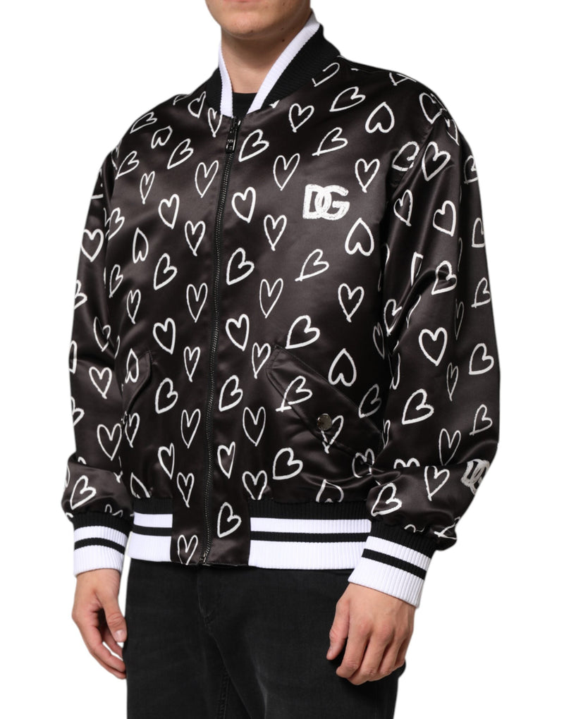Black Polyester Heart Print Bomber Jacket Dolce & Gabbana