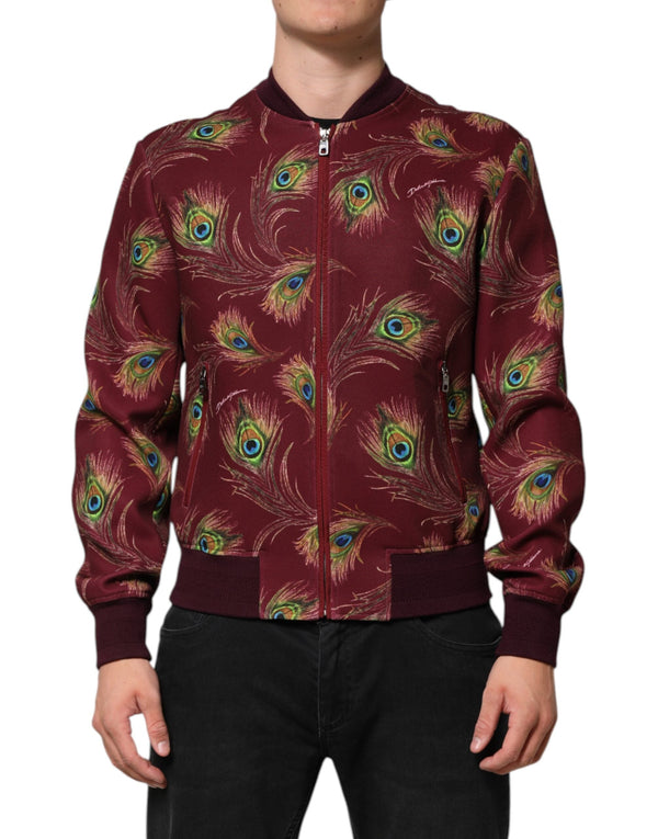 Maroon Peacock Feather Print Bomber Jacket Dolce & Gabbana