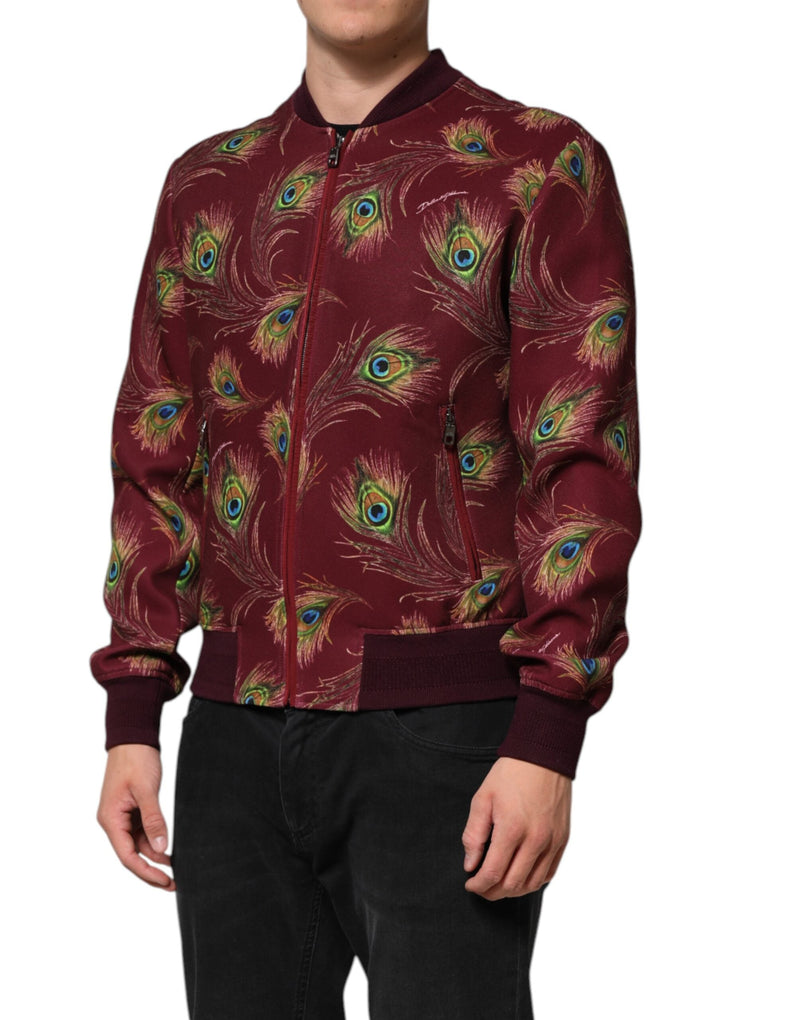 Maroon Peacock Feather Print Bomber Jacket Dolce & Gabbana