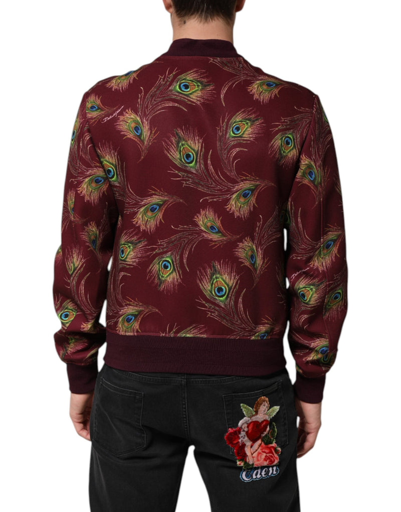 Maroon Peacock Feather Print Bomber Jacket Dolce & Gabbana