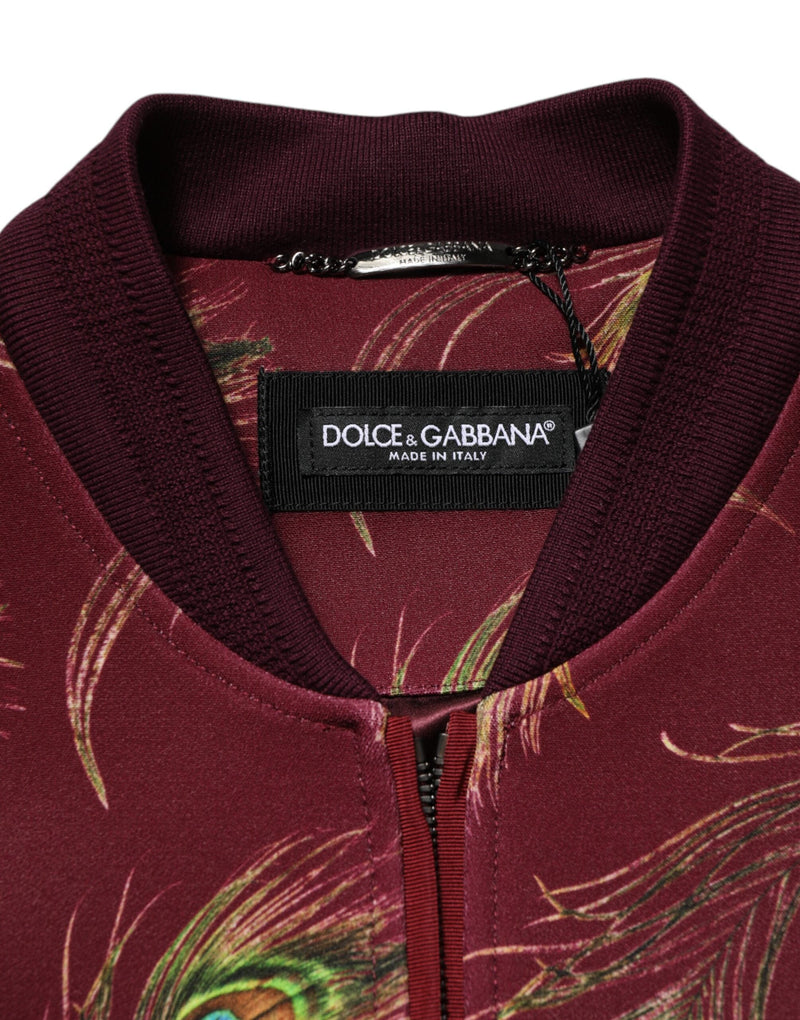 Maroon Peacock Feather Print Bomber Jacket Dolce & Gabbana