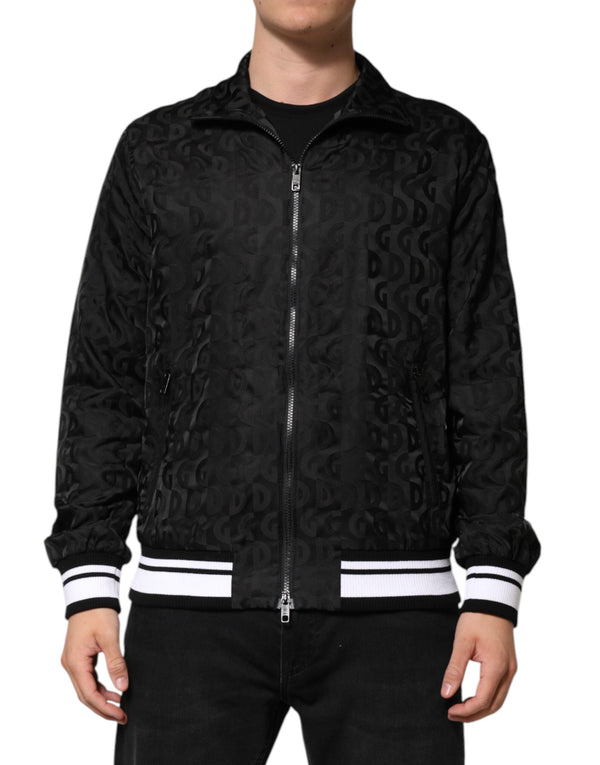 Black Jacquard Men Full Zip Bomber Sweater Dolce & Gabbana