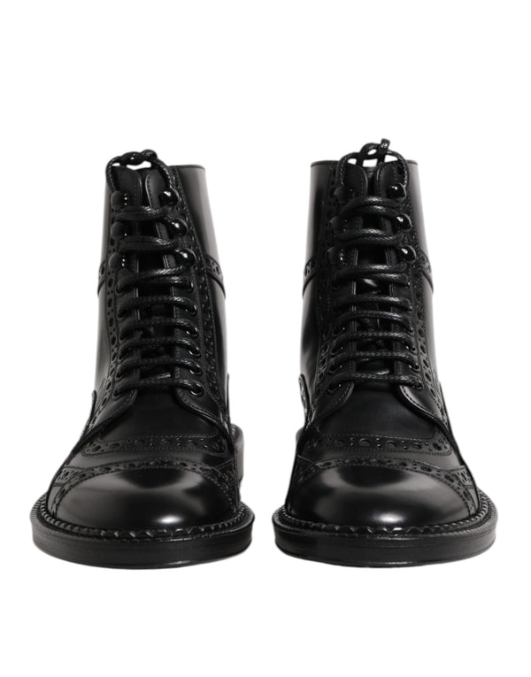 Black Leather Lace Up Mid Calf Boots Shoes Dolce & Gabbana