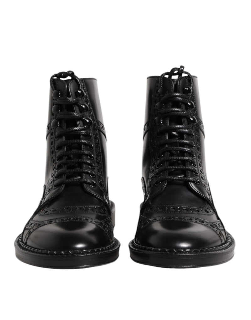 Black Leather Lace Up Mid Calf Boots Shoes Dolce & Gabbana