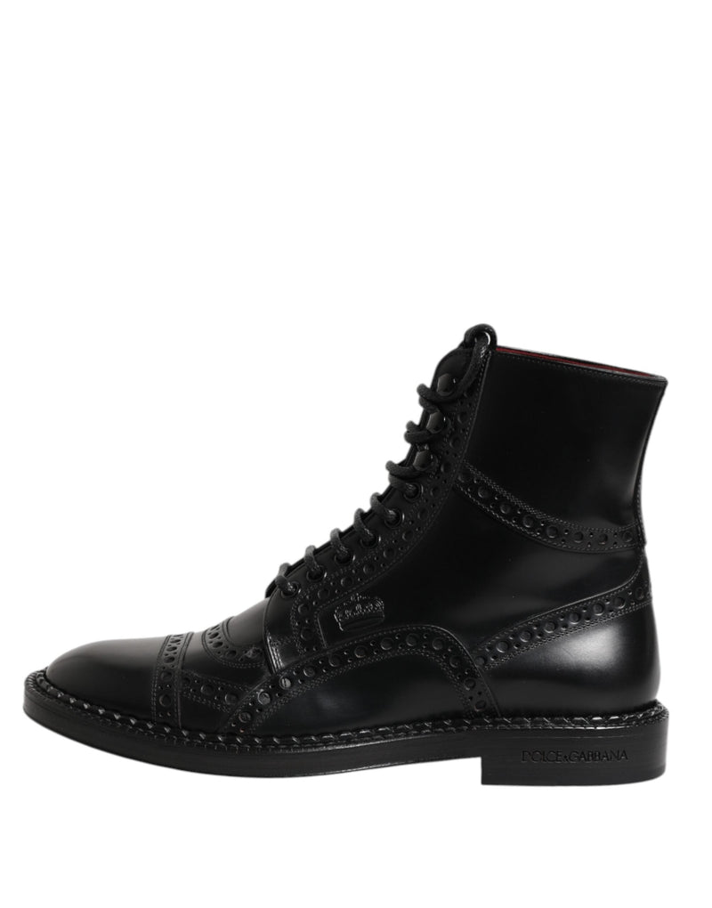 Black Leather Lace Up Mid Calf Boots Shoes Dolce & Gabbana