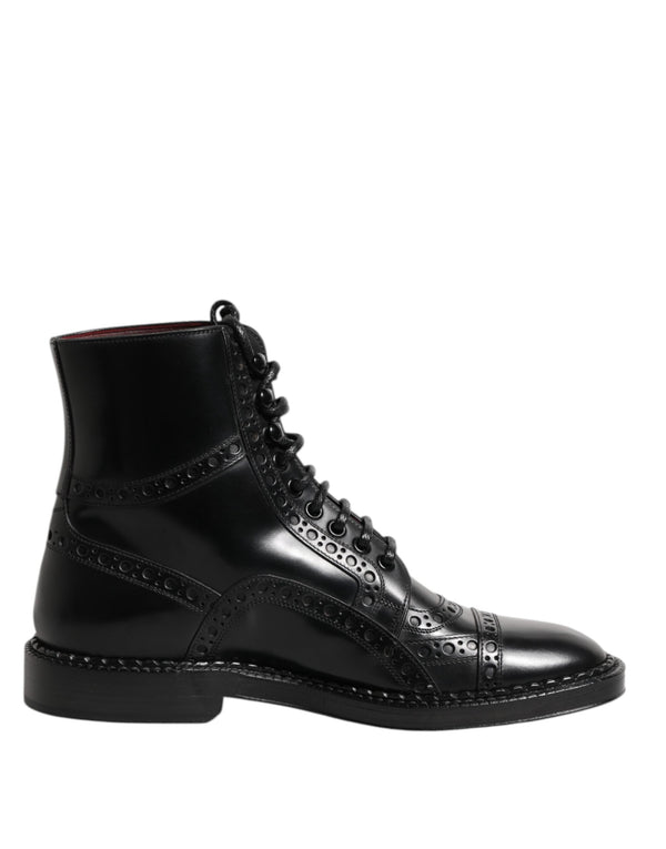 Black Leather Lace Up Mid Calf Boots Shoes Dolce & Gabbana