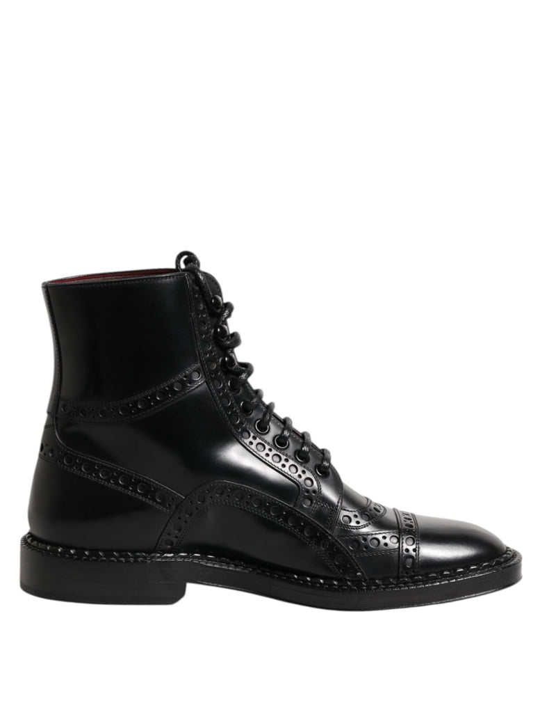 Black Leather Lace Up Mid Calf Boots Shoes Dolce & Gabbana