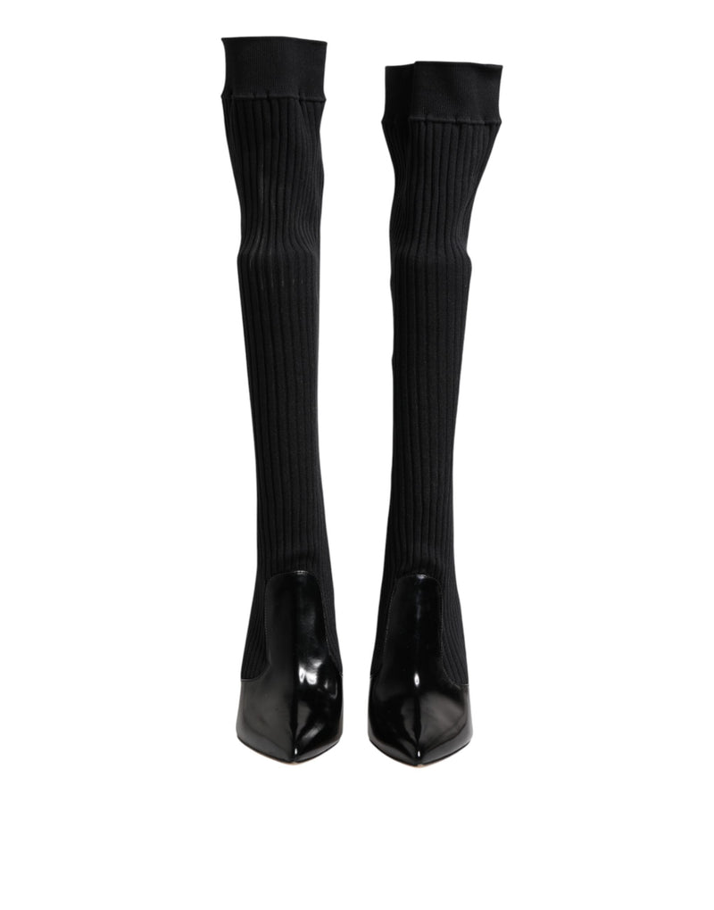 Black Leather Ribbed Knit Knee Boots Shoes Dolce & Gabbana